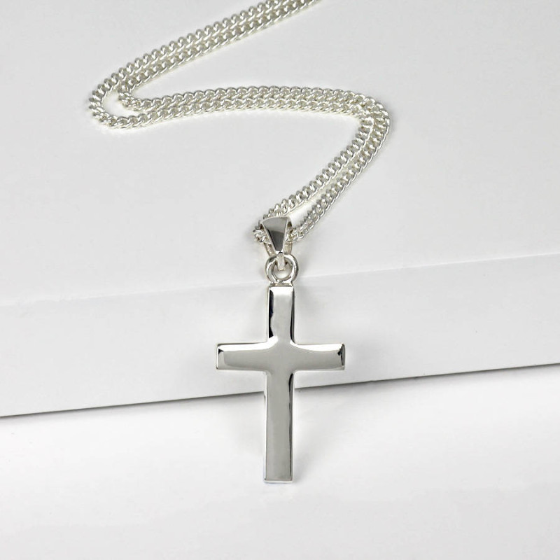 Personalised men's silver cross pendant with curb chain
