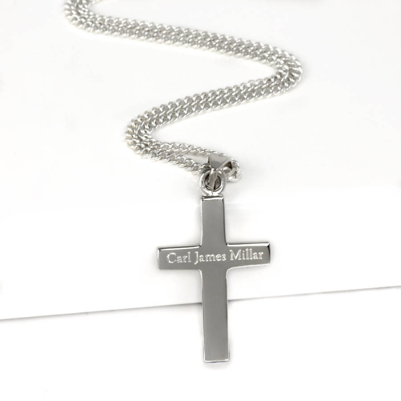 Personalised men's silver cross pendant with curb chain