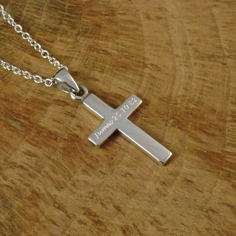 Personalised men's silver cross pendant with curb chain