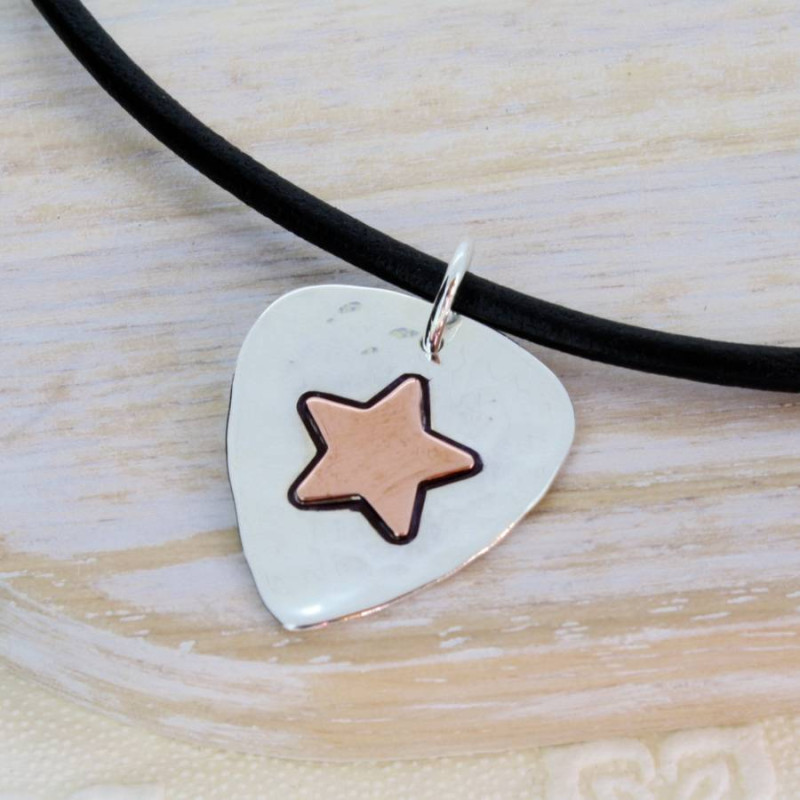 Personalised silver and copper guitar pick pendant