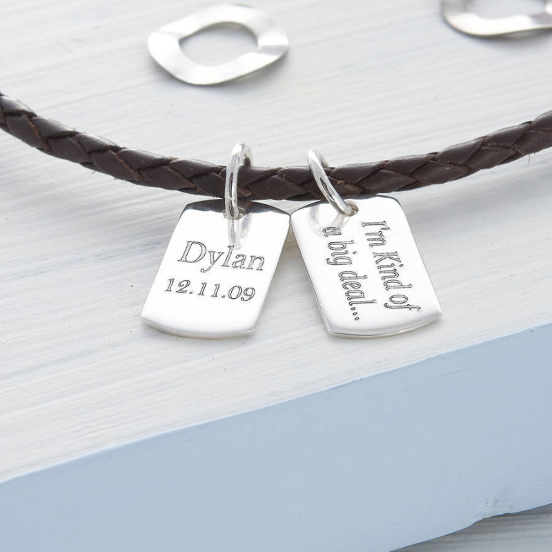 Personalised silver mini dog tag leather necklace