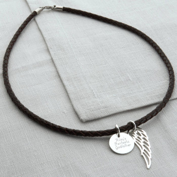 Personalised Silver Wing And Disc Leather Necklet Personalised Silver Wing And Disc Leather Necklet