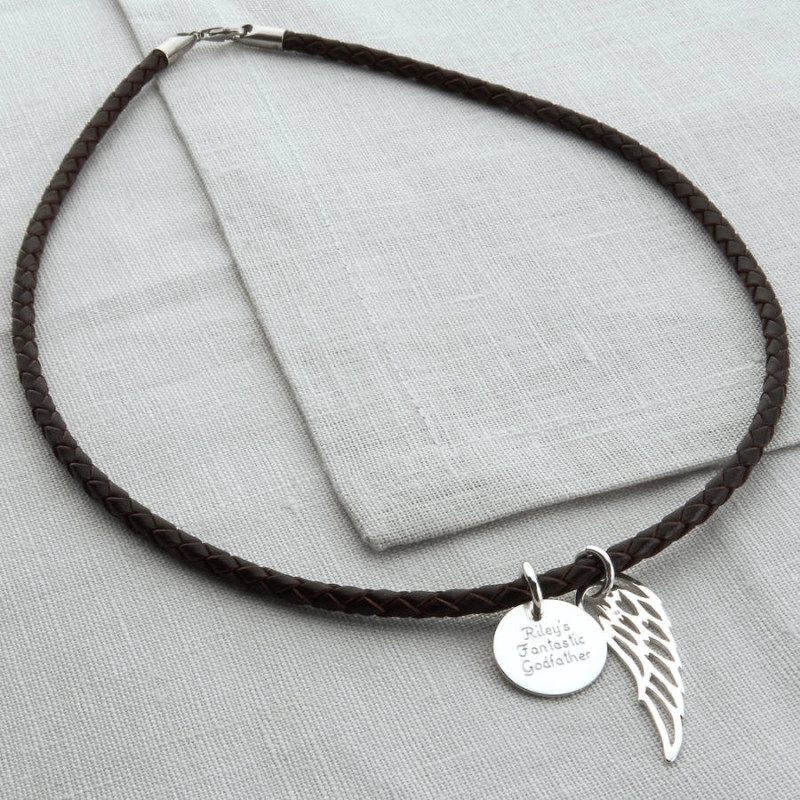 Personalised Wing and Disc Leather Necklet Personalised wing and disc leather necklet