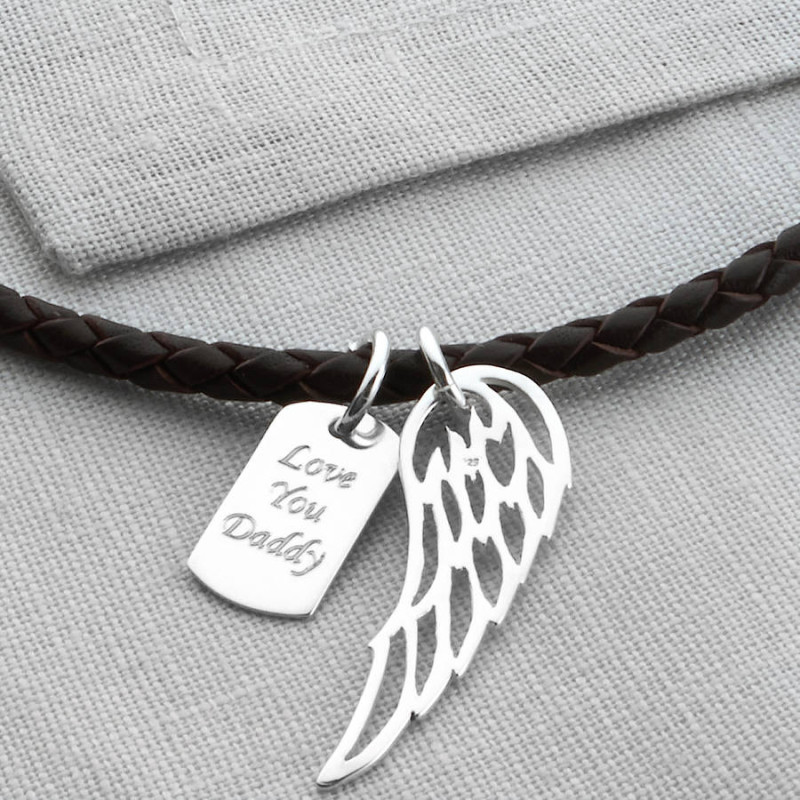 Personalised Wing and Dogtag Leather Necklet Personalised wing and dogtag leather necklet