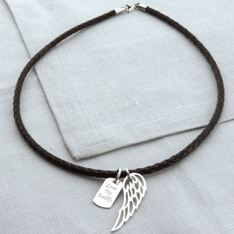 Personalised Wing and Dogtag Leather Necklet Personalised wing and dogtag leather necklet