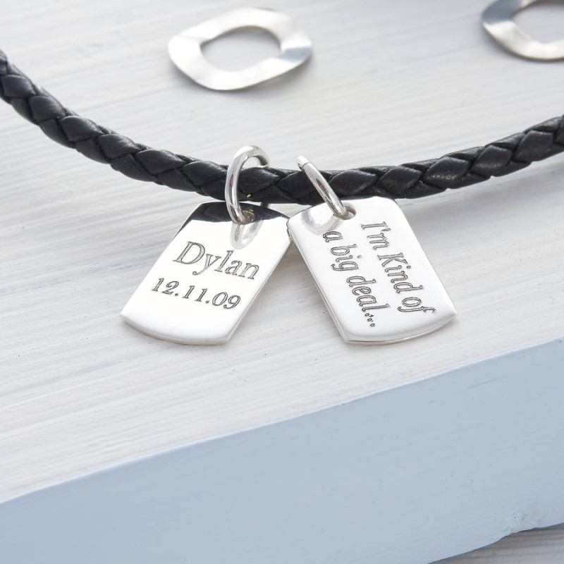 Personalised silver and leather double dog tag necklet