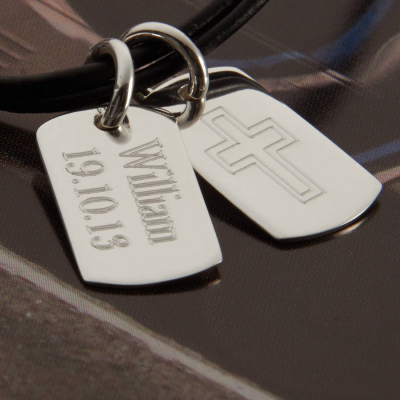 Personalised silver and leather double dog tag necklet