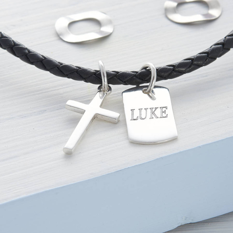 Personalised cross and tag leather necklet