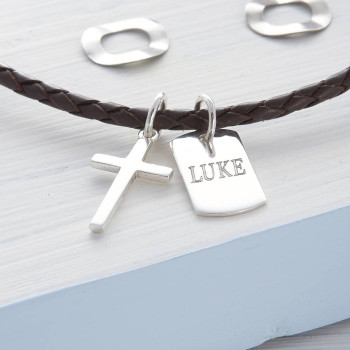 Personalised Silver Cross And Tag Leather Necklet Personalised Silver Cross And Tag Leather Necklet
