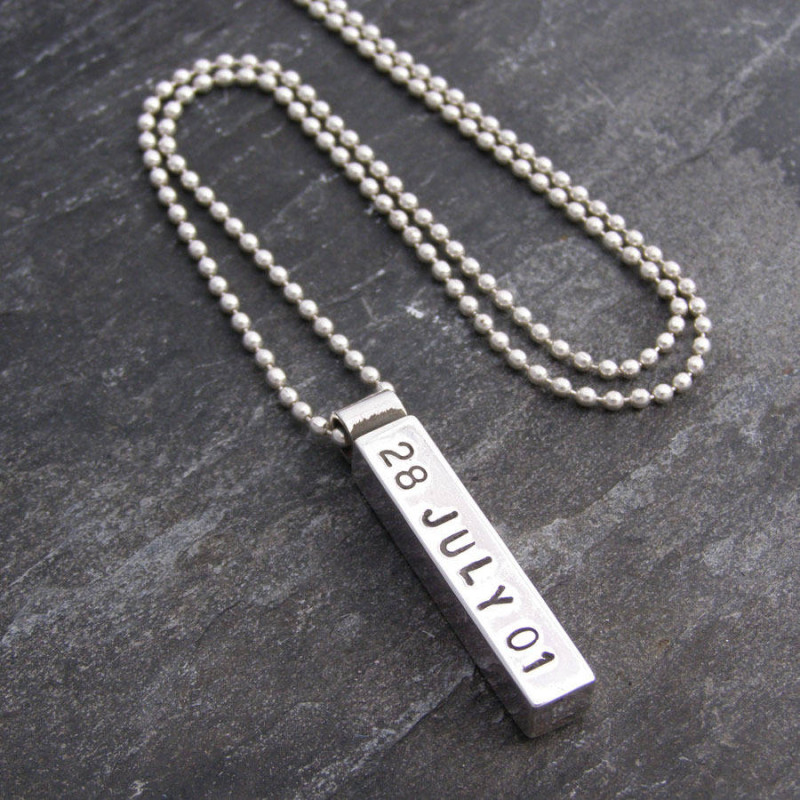 Chunky personalised silver bar pendant for men on a ball chain