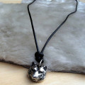 Silver wolf head necklace view