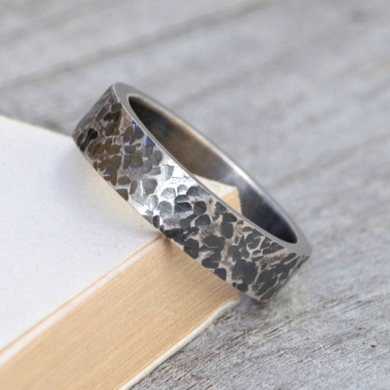 Personalised textured wedding band in oxidised silver