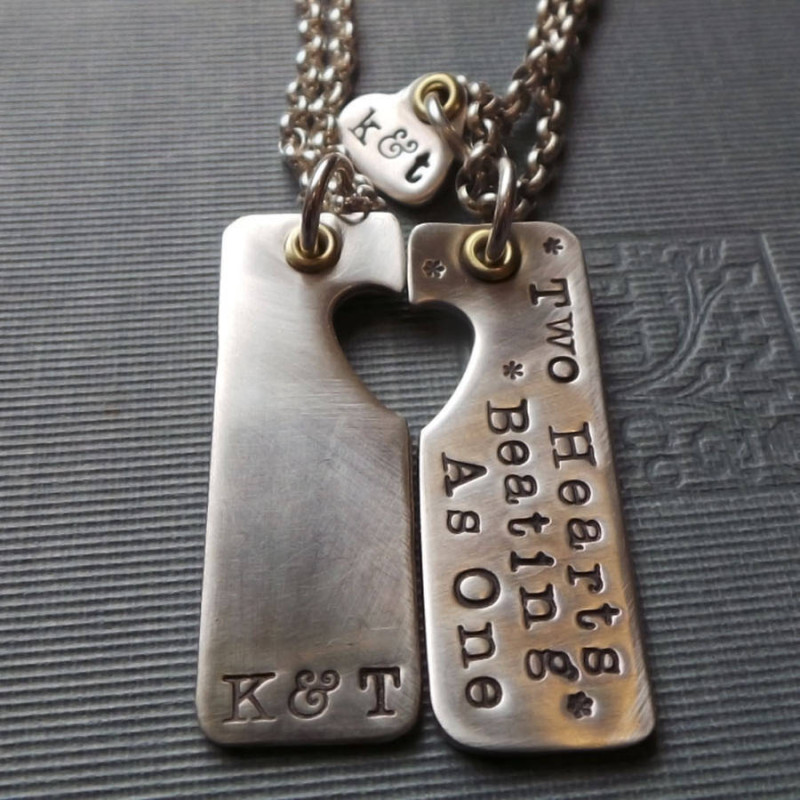 Two Hearts Beat As One paired dog tag couples necklaces