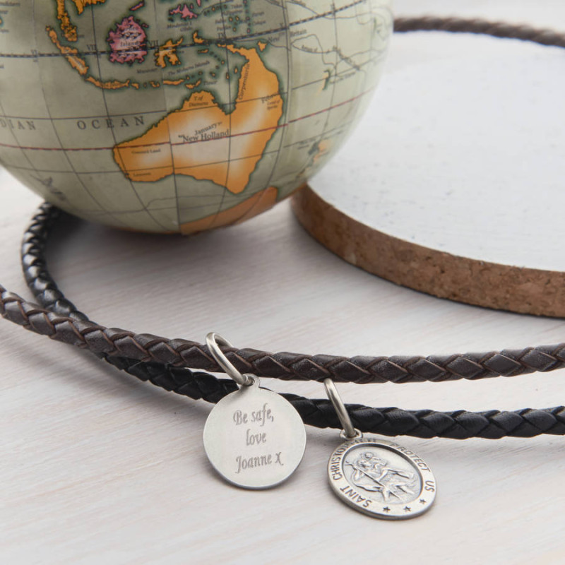 Men's woven leather St Christopher necklet