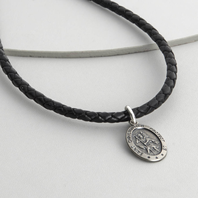 Woven leather and St Christopher necklet
